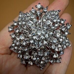 Vintage Silver Clear Rhinestone Flower Statement Brooch Pin